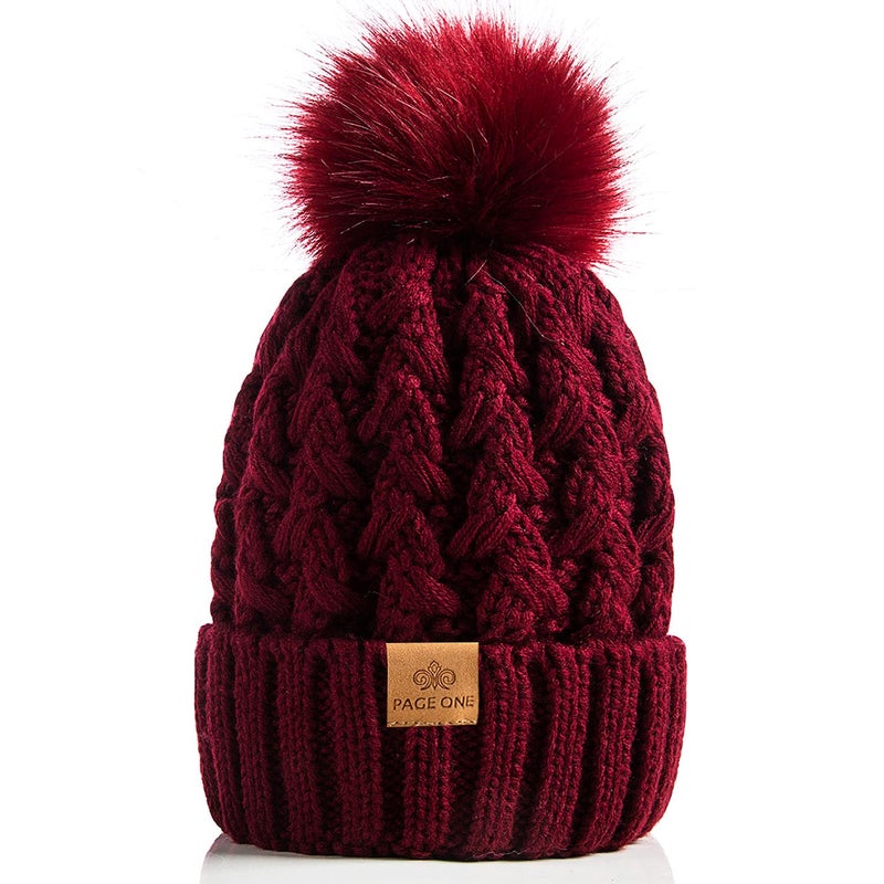 PAGE ONE Womens Winter Ribbed Beanie Crossed Cap Chunky Cable Knit Pompom Soft Warm Hat Wine Red - Image 1